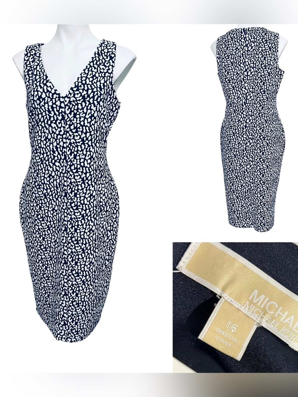 MICHAEL Michael Kors dress sz 16 blue/White V-Neck Printed Sheath stretch midi‎
